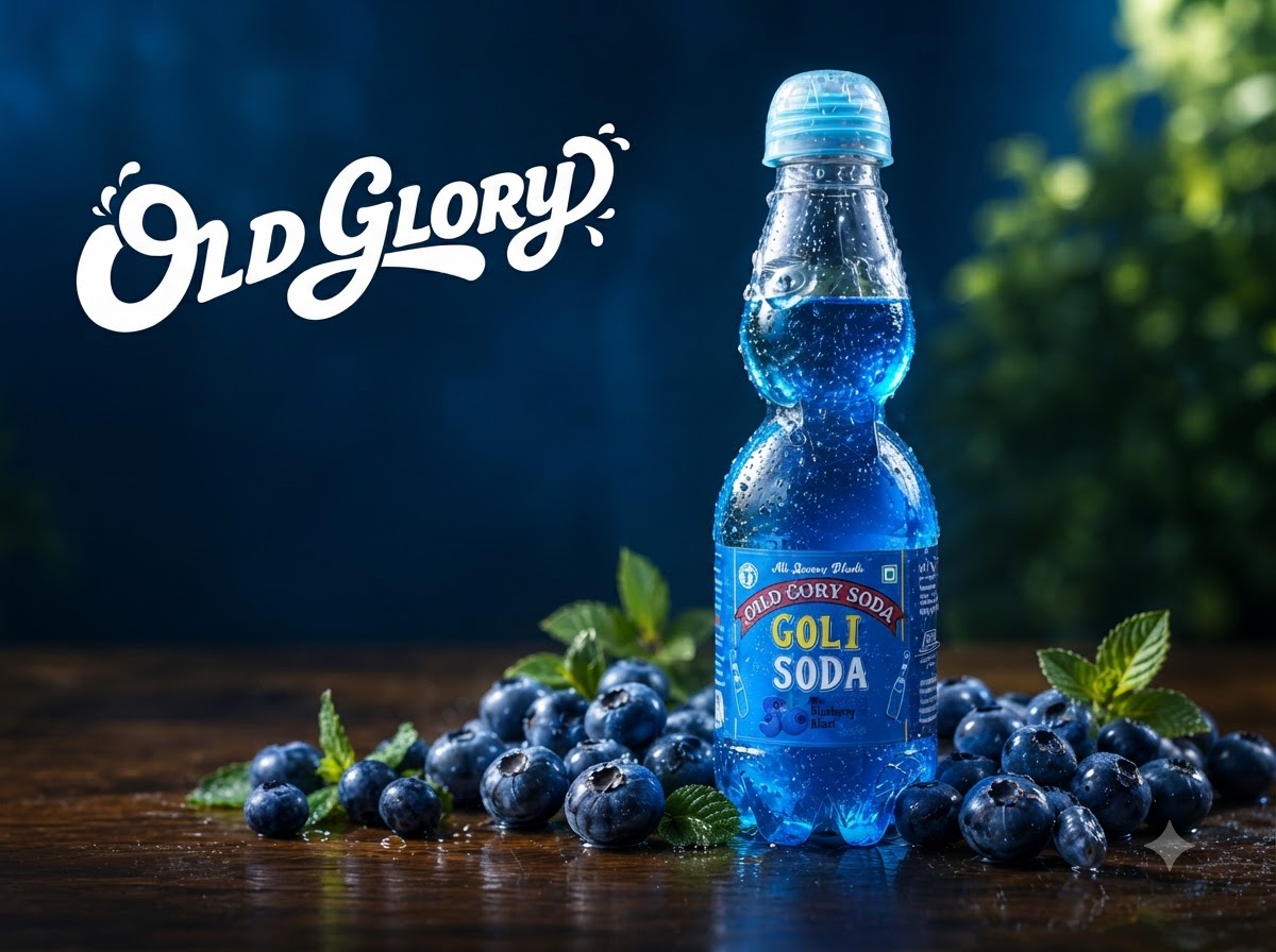 Old Glory Blueberry Blast goli soda bottle surrounded by fresh blueberries
