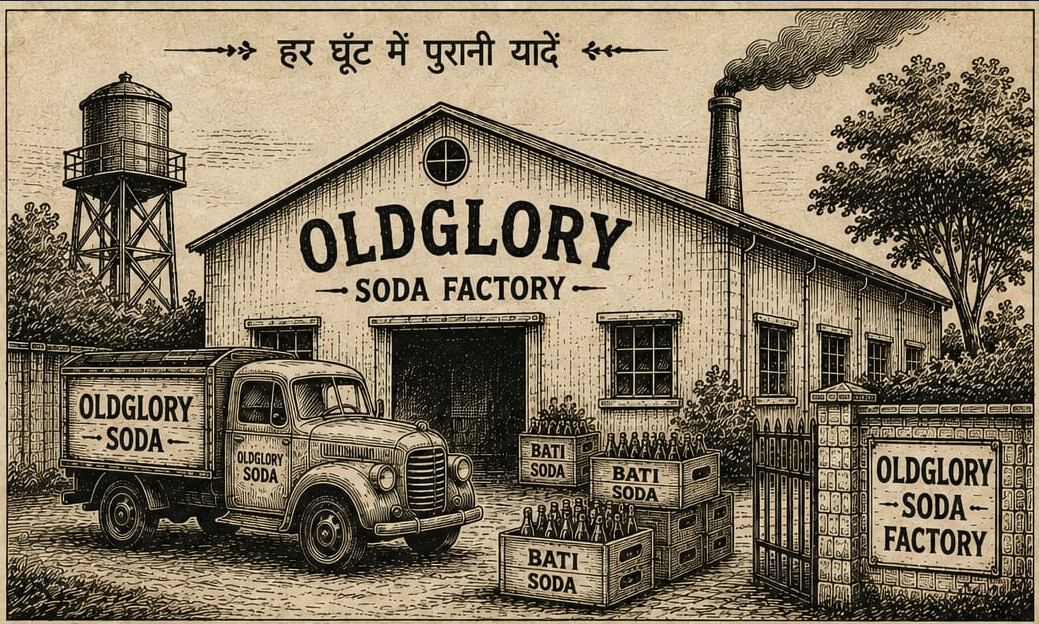 Vintage illustration of the Old Glory Soda factory with delivery truck and crates